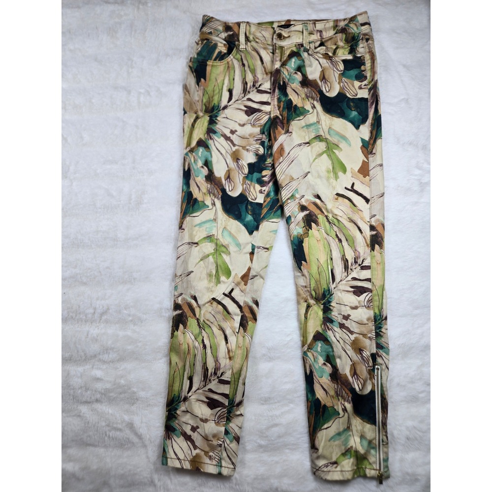 Chicos Black Label Tropical Leaf Print  Ankle Zip Pants Green Tan Resortwear 0.5
